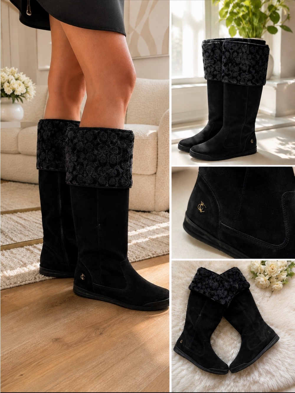 Coach Black Suede Tall Fold-Over Boot with Logo Accent